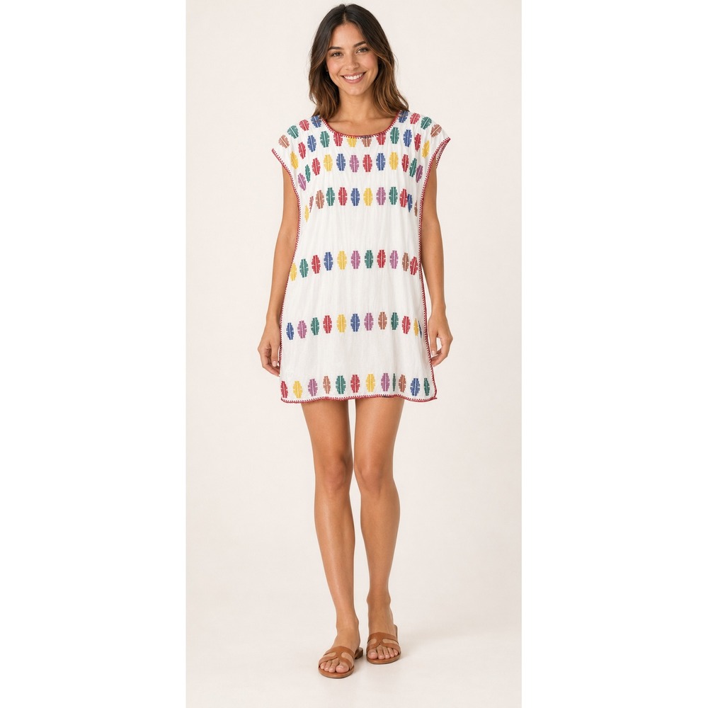 J. Marie Embroidered Dress Women XS Mini Multi-Color White Boho Shift Artisanal
